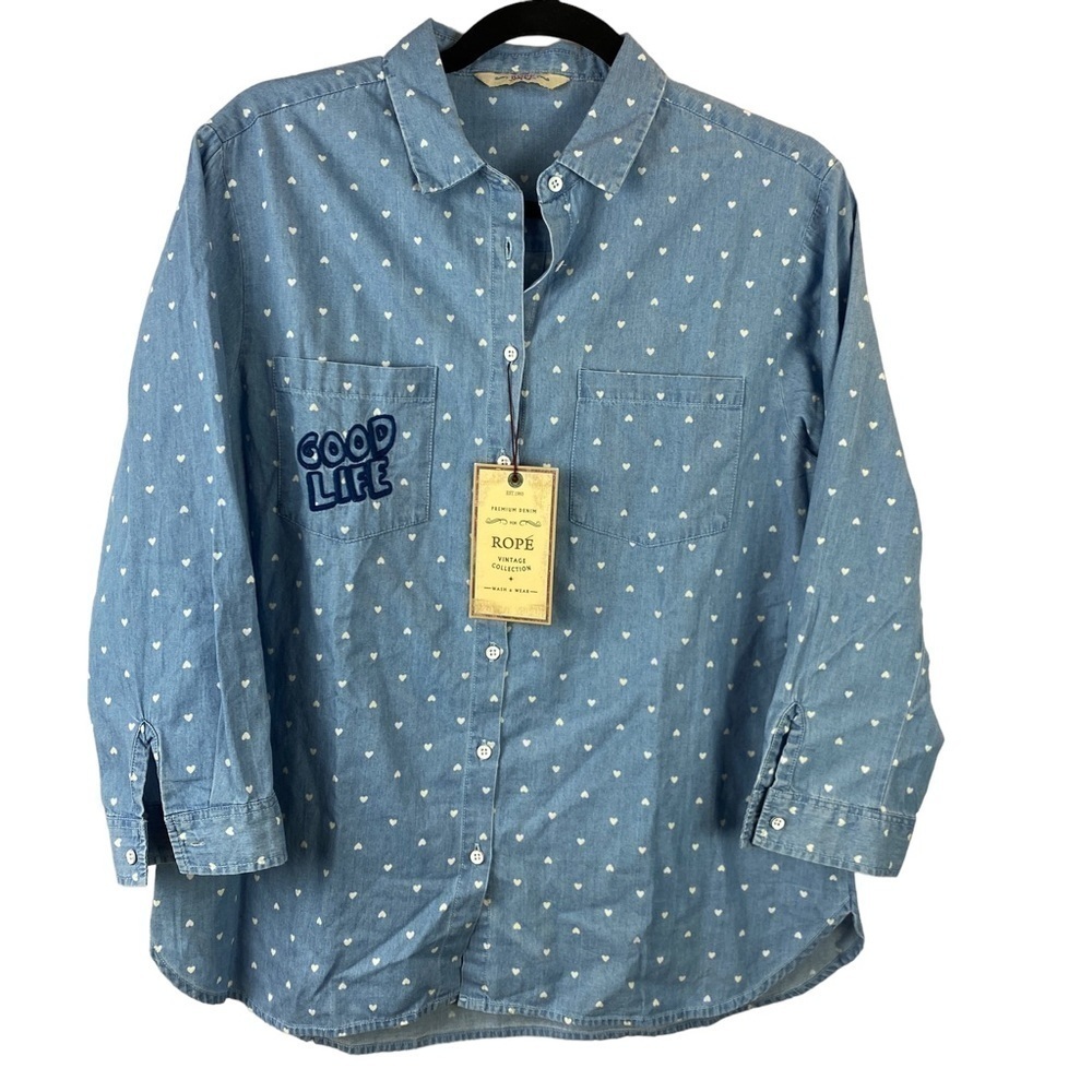 Rope Women's Blue Button Down Shirt Size M Cotton